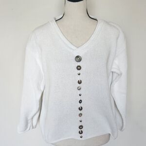 PURE Handknit White Cropped Sweater V-neck Rolled Neck Cotton Mixed Buttons XS